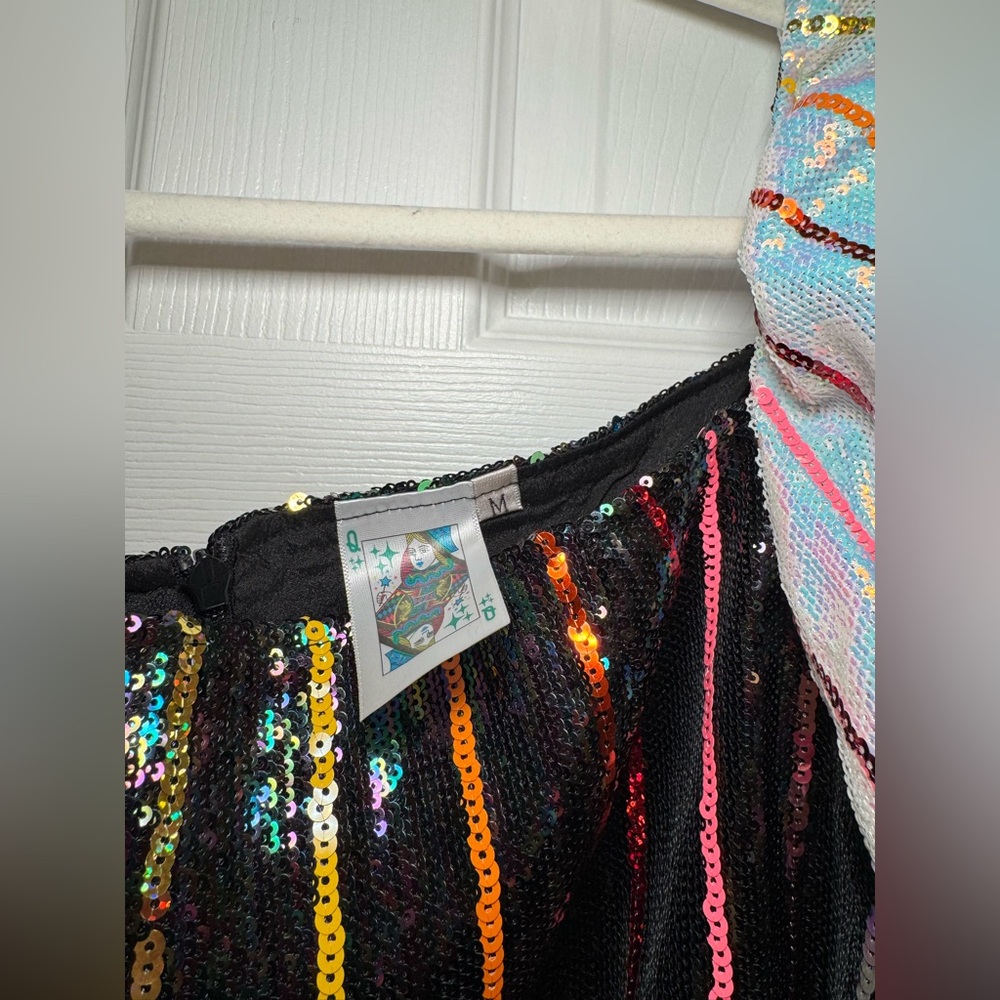 QUEEN OF SPARKLES Rainbow Sequin Stripe Dress with White Sleeves - Picture 2 of 3